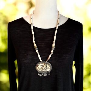 Vintage Carved Double Elephant Necklace Pendant Statement Boho Tribal Goodluck